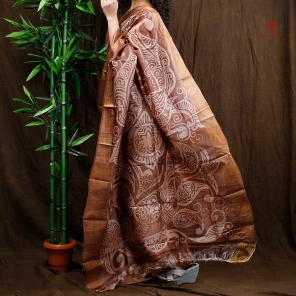 Exclusive Brown Pure Tussar Silk Hand Painted Saree - Picture 6 of 8